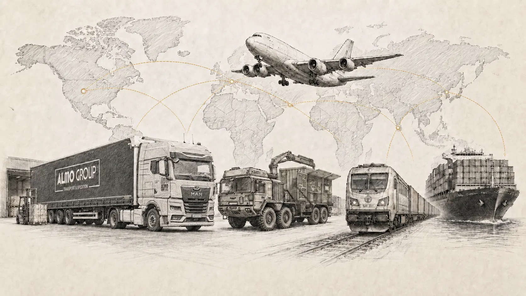 Illustrated ALMO GROUP logistics network with road, defence, air, rail and sea transport