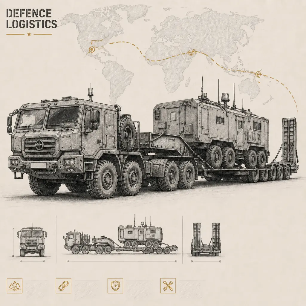 Illustrated unarmed defence communications support vehicle transported on a low-bed trailer
