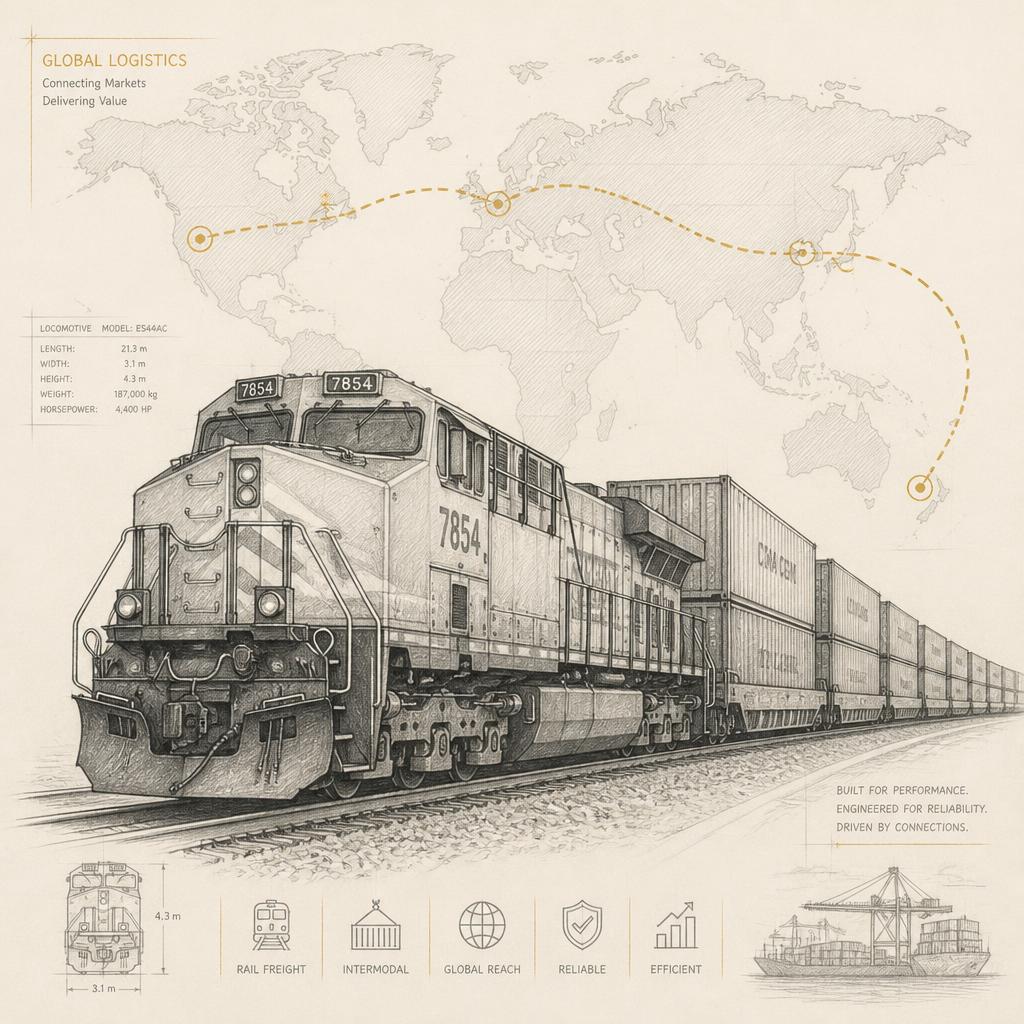 Illustrated freight train carrying intermodal cargo