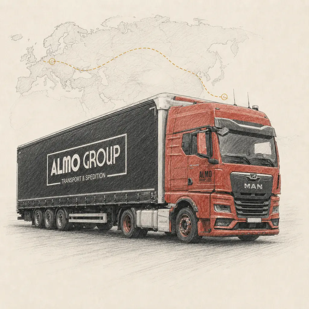 Illustrated ALMO GROUP red MAN tractor with a black branded curtainsider trailer