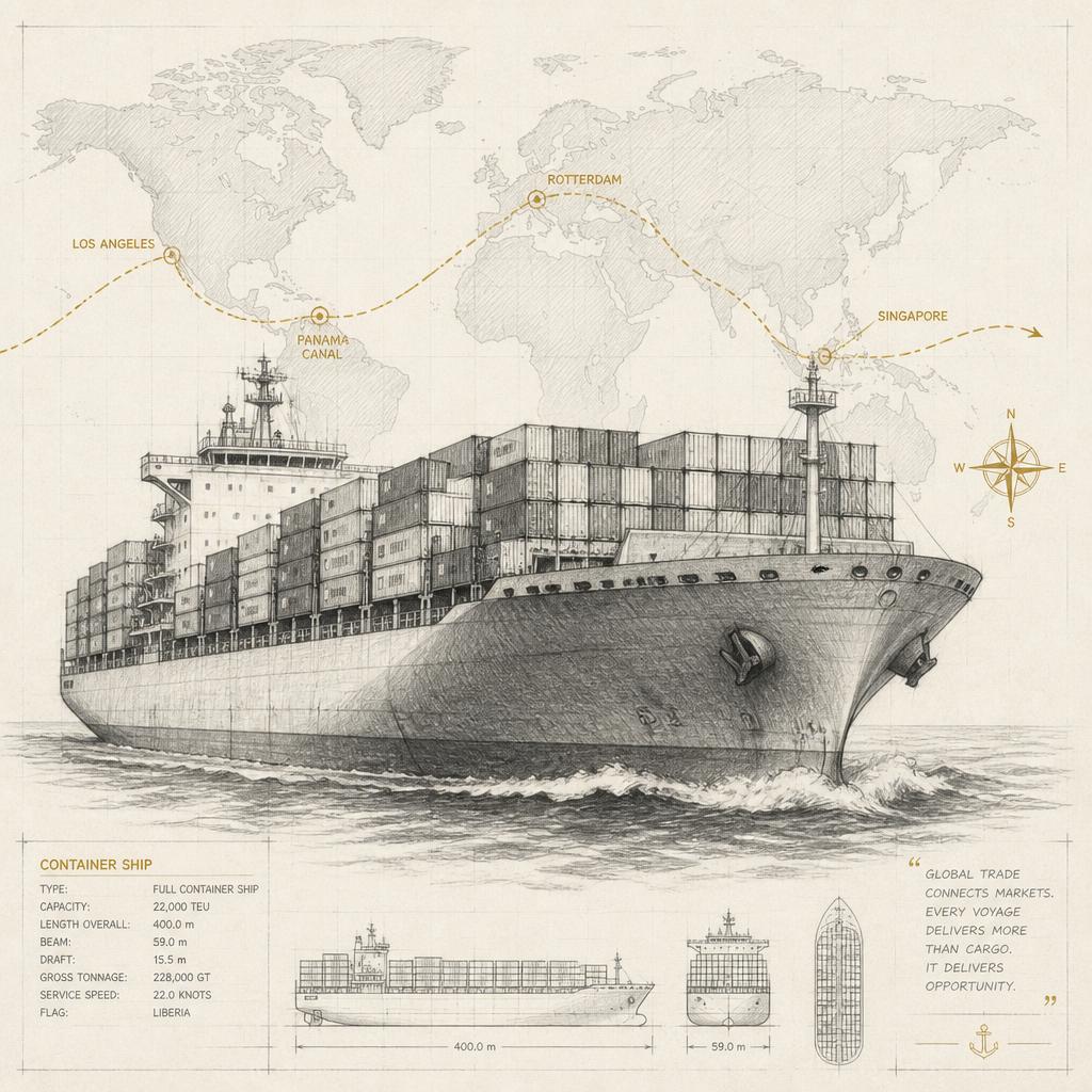 Illustrated container ship for international sea freight