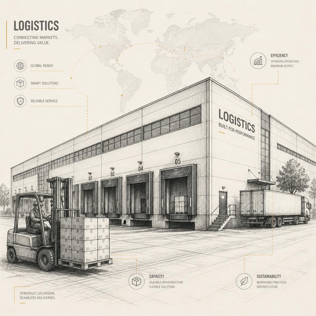 Illustrated logistics warehouse with loading docks and forklift